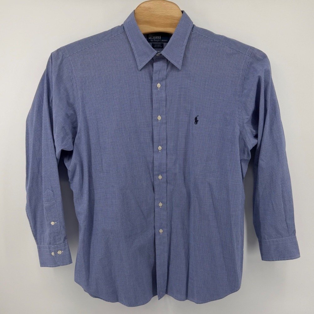 Polo Ralph Lauren Men Andrew Fit Gingham Dress Shirt Blue White Size 17 34/35 XL